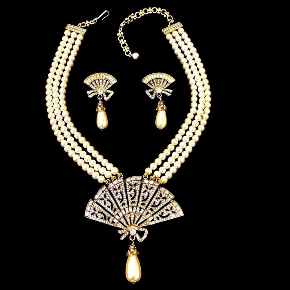 Heidi Daus Gold and Cream Fan Necklace & Earrings Set